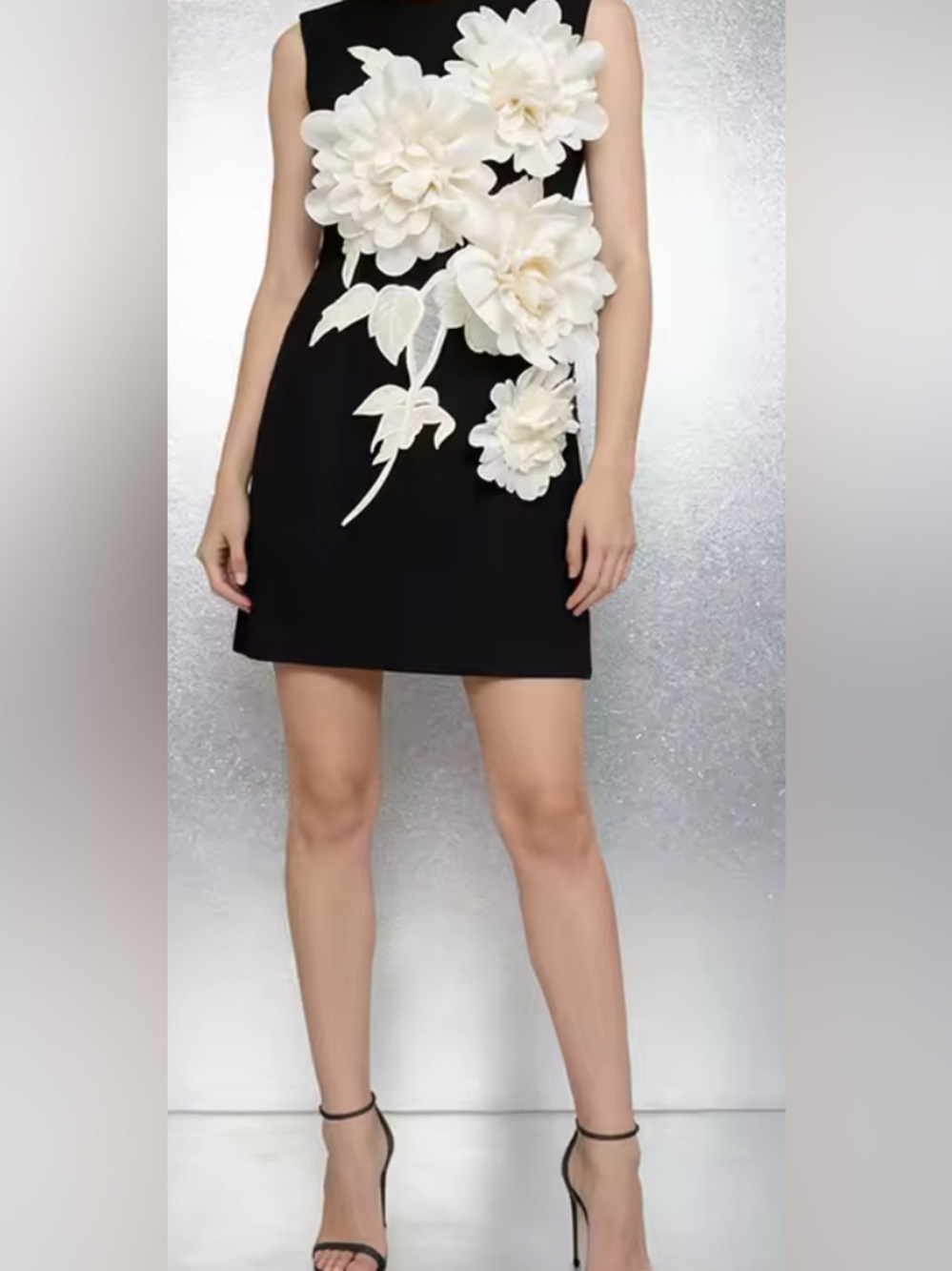 NEW Black Sleeveless Mini Dress with Cream Floral Appliqué